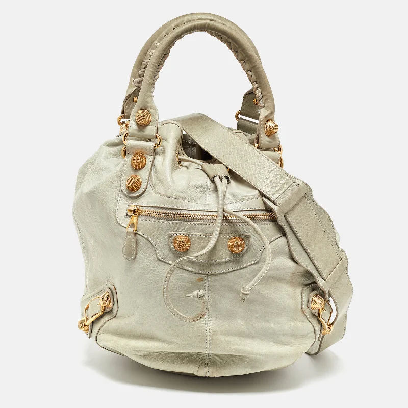 Handle bags with playful pom-poms for charm -Balenciaga Light Grey Leather Ggh Pompon Hobo