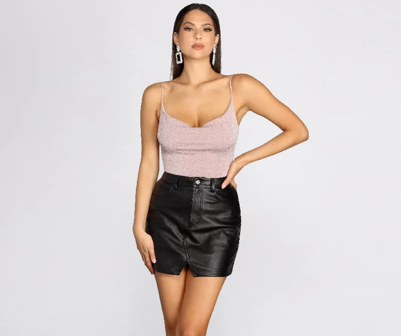 Fitted tight top for women with v-neck design and chic feel-Sultry Slinky Cowl Neck Bodysuit