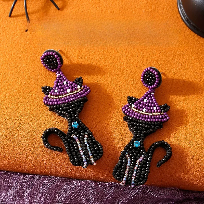 Drop Earrings for Shopping Trip -Wholesale Personality Creative Handmade Rice Beads Witch Cat Halloween Earrings