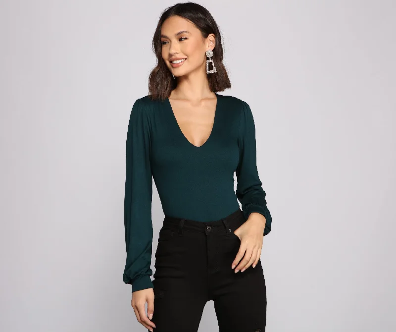 Classic tight top for women with minimal design and flattering fit-Bishop Sleeve V Neck Bodysuit