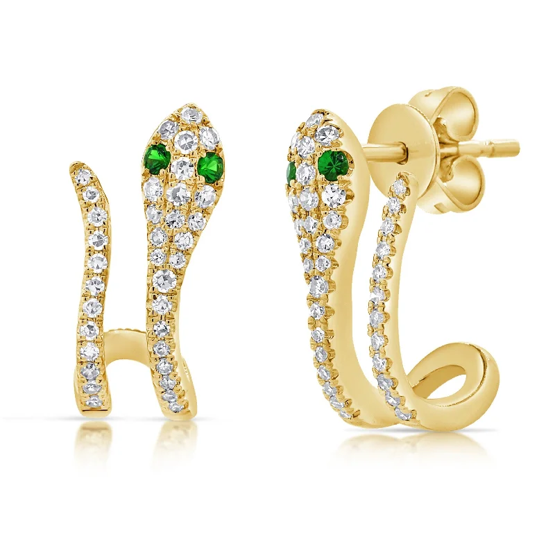 Drop Earrings for Casual Outfit -Joelle Collection Snake Diamond & Tsavorite Earrings 14K Yellow Gold