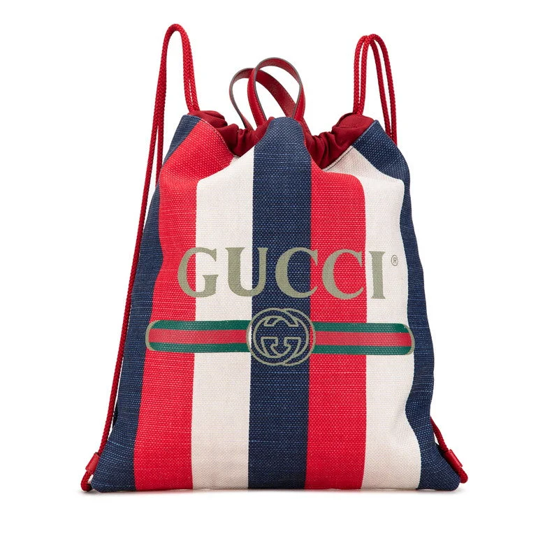 Handle bags with striped canvas for beach -Gucci Canvas Leather Drawstring Backpack