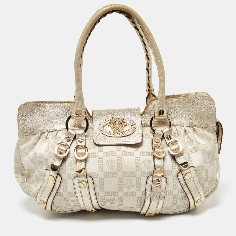 Handle bags with soft linings for protection -Versace Beige/gold Signature Canvas And Leather Medussa Buckle Satchel