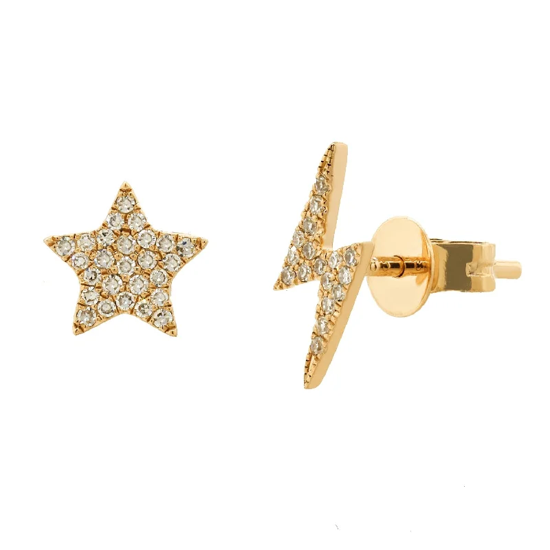 Drop Earrings with Enamel Coating -Joelle Collection Lightning Bolt & Star Mismatched Diamond Earrings 14K Gold