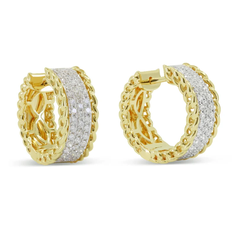 Drop Earrings with Leaf Motifs -0.82Ct White Diamond Hoops Earrings In 14K Yellow Gold