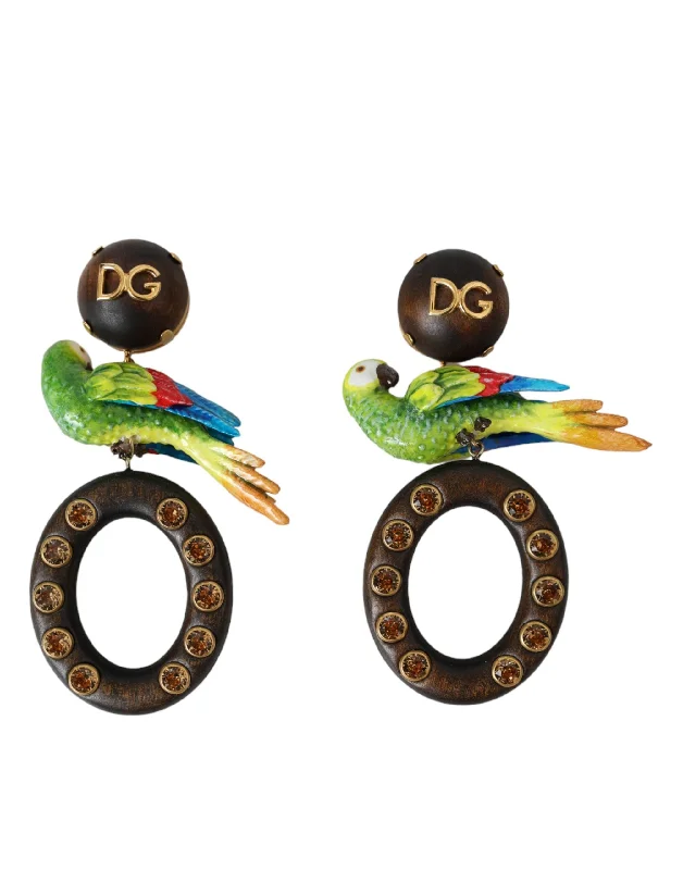 Drop Earrings for Bridesmaids Look -Dolce & Gabbana multi Parrot Wood Brass Crystal Embellished Women's Earrings