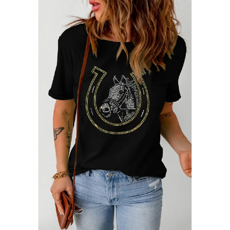 Magnetic Closure Blouses for Easy -Sugar & Lace Womens Rhinestone Horseshoe T-Shirt - SL25226155-2