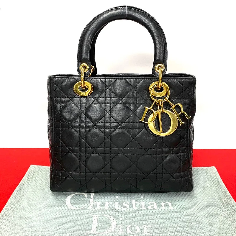 Handle bags with retro logos for charm -Dior Lady Dior Leather Handbag Black