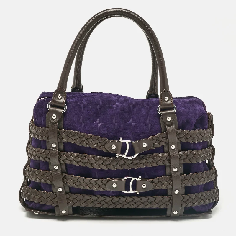 Handle bags with metallic finishes for shine -Aigner Dark Brown/purple Leather And Suede Braided Cage Satchel