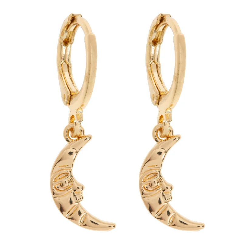 Drop Earrings for Fitness Activities -Luna  - Crescent Moon with Face Hoop Earrings