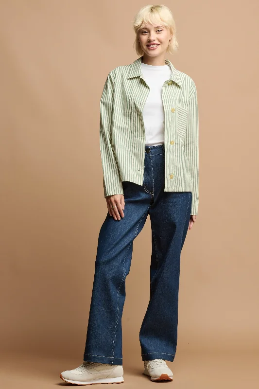 Magnetic Closure Blouses for Easy -The Quarry Bank Women's Elena Stripe Overshirt - Green/White