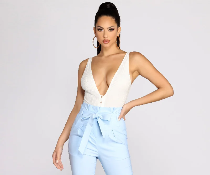 Tight strapless top for women with smooth design and flattering look-Button Detail Ribbed Knit Bodysuit