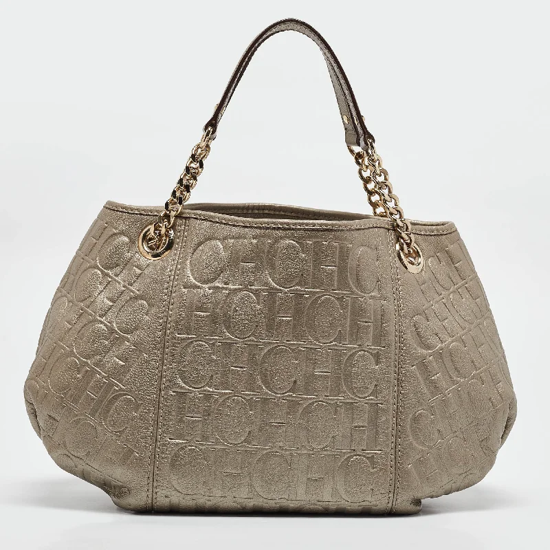 Handle bags with striped canvas for beach -Carolina Herrera Grey Monogram Embossed Leather Chain Hobo