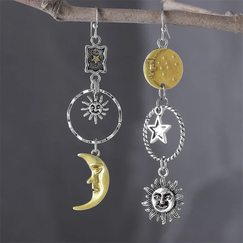 Heavy Duty Drop Earrings for Durability -Wholesale Creative Retro Style Pentagram Sun Moon Asymmetrical Earrings