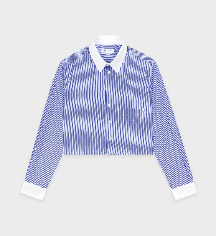 Linen Blouses for Breathable -SRC Cropped Shirt - White/Blue Stripe