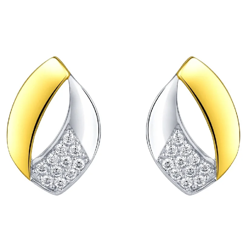 Clip On Drop Earrings for Non Pierced -Two-Tone Sterling Silver Cubic Zirconia Embellished Open Teardrop Earrings