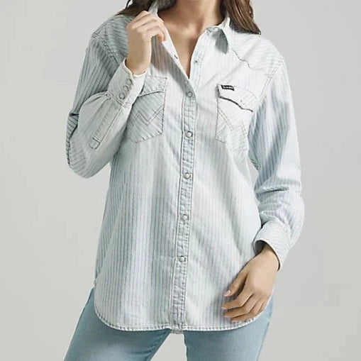 Contemporary Blouses for Fashion -Wrangler Retro Women's Boyfriend L/S Western Snap Shirt in Blue & White Texture Stripe