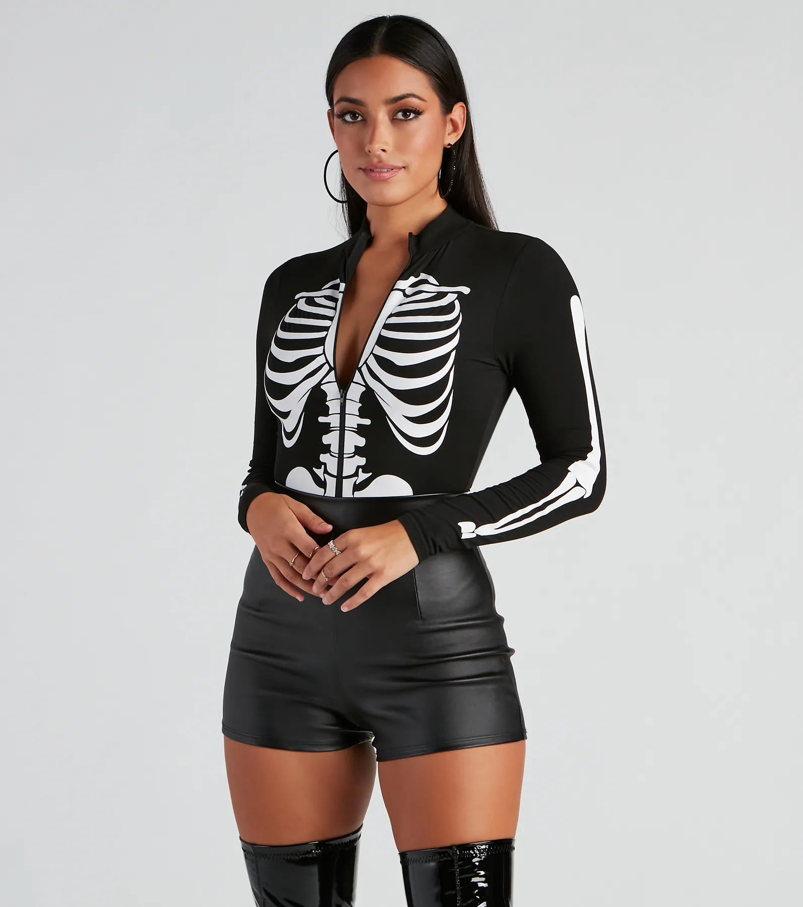 Tight striped top for women with horizontal lines and slimming effect-Sultry Skeleton Halloween Mock Neck Bodysuit