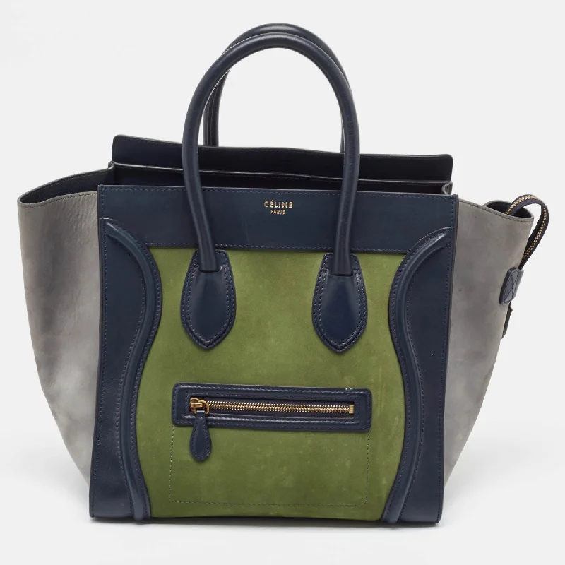 Handle bags with eco-friendly bamboo handles -Celine Tricolor Nubuck Leather Mini Luggage Tote