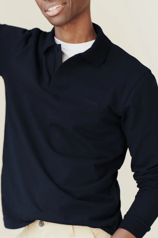 Party Blouses for Night Out -Men's Long Sleeve Polo Shirt Navy