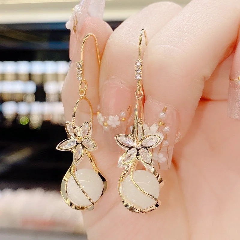 Drop Earrings for Bridesmaids Look -Wholesale Zircon Five Petal Flower Cat Eye Stone Personalized Fashion Temperament Earrings