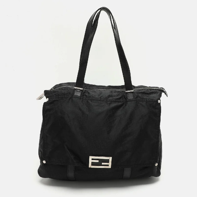 Handle bags with padded straps for comfort -Fendi Black Zucchino Nylon Front Pocket Shoulder Bag