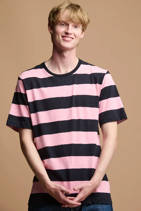 African Blouses with Culture -Men's Wide Stripe Short Sleeve T Shirt - Pink/Navy