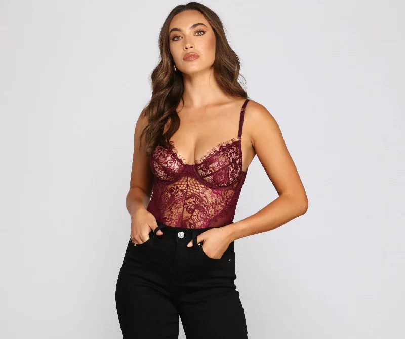 Comfortable stretch tight top for women with casual fit and easy wear-Sultry-Chic Eyelash Lace Bustier Bodysuit