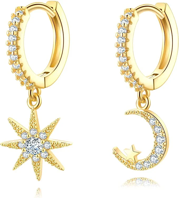 Drop Earrings for Concert Look -18K Gold Star & Moon Drop Earrings