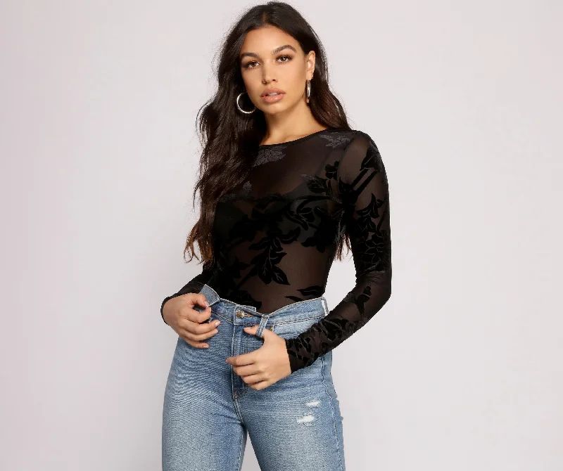 Stylish tight top for women with high neck and sleek silhouette-Flocked Floral Mesh Bodysuit