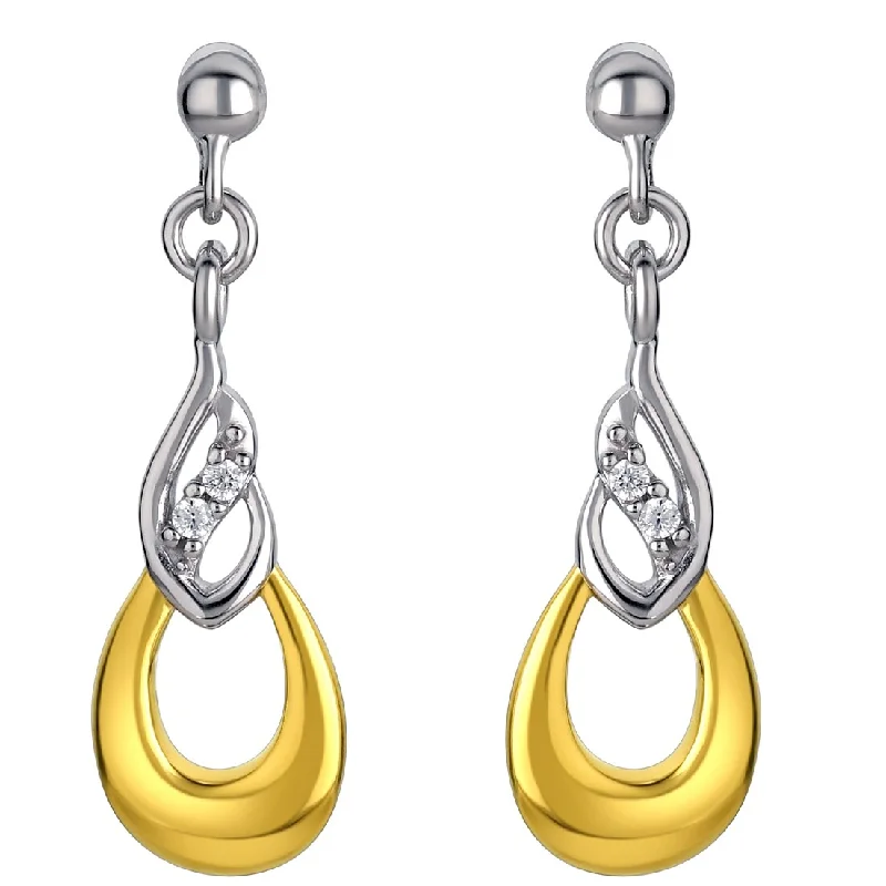 Drop Earrings for School Uniform -Two-Tone Sterling Silver Cubic Zirconia Double Teardrop Earrings