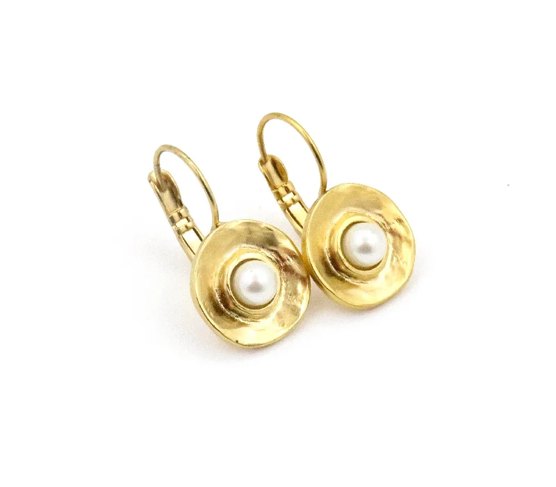 Leverback Drop Earrings for Comfort -Hammered Round Pearl Earrings - Gold