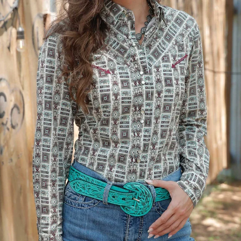 Office Blouses for Professional -Cruel Women's L/S Geometric Paisley Western Snap Shirt in Cream