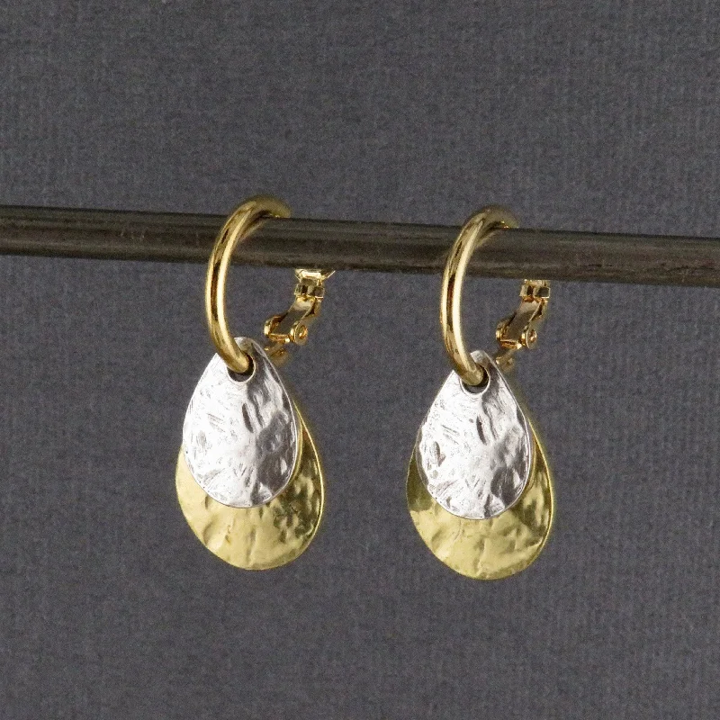 Drop Earrings with Chevron Designs -Two Tone Teardrop Hoop Earrings - Gold with Silver