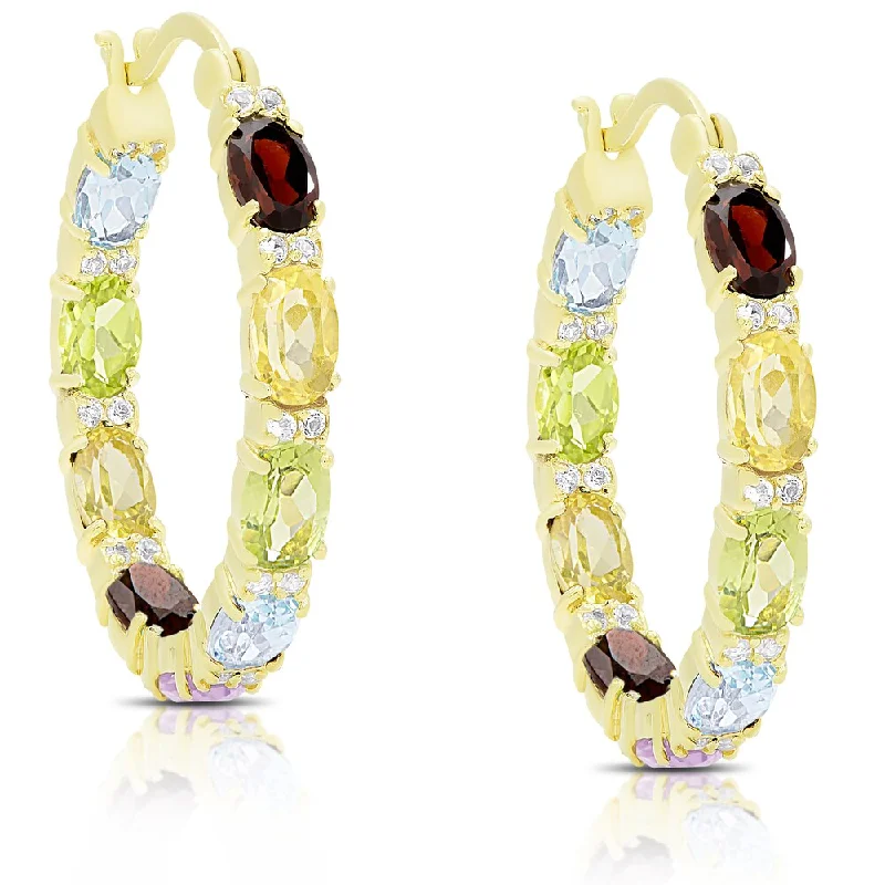 Drop Earrings with Leaf Motifs -Dolce Giavonna Gold over Sterling Silver Multi Gemsone Hoop Earrings