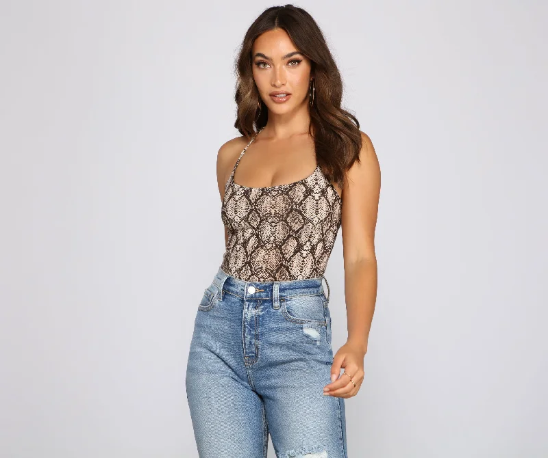 Fitted tight top for women with graphic print and trendy design-Snake Print Vixen Lace-Up Bodysuit