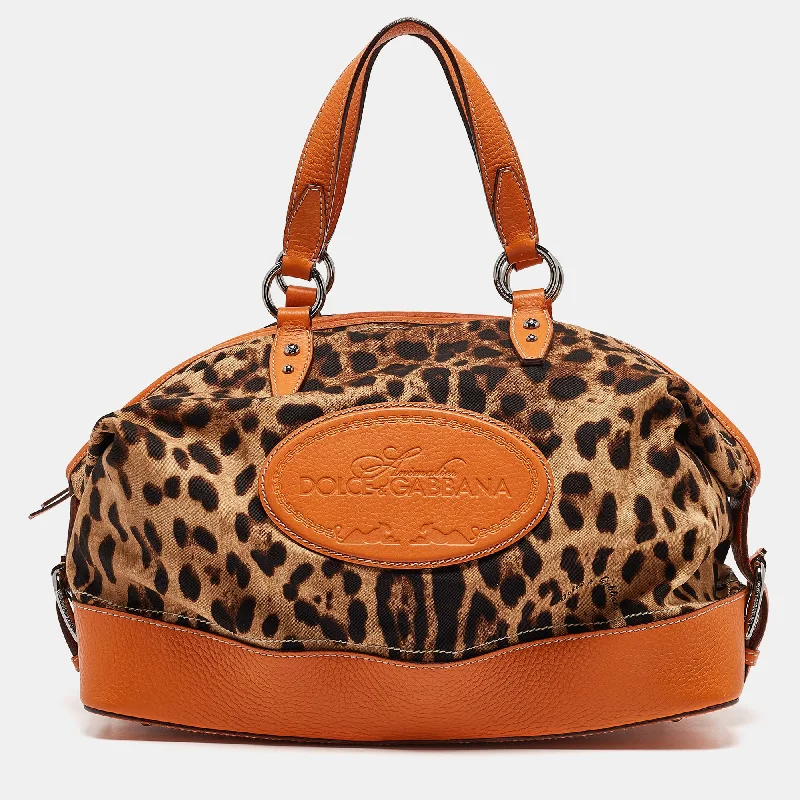 Large handle bags with spacious interior compartments -Dolce & Gabbana Orange/beige Leopard Print Fabric And Leather Animalier Satchel