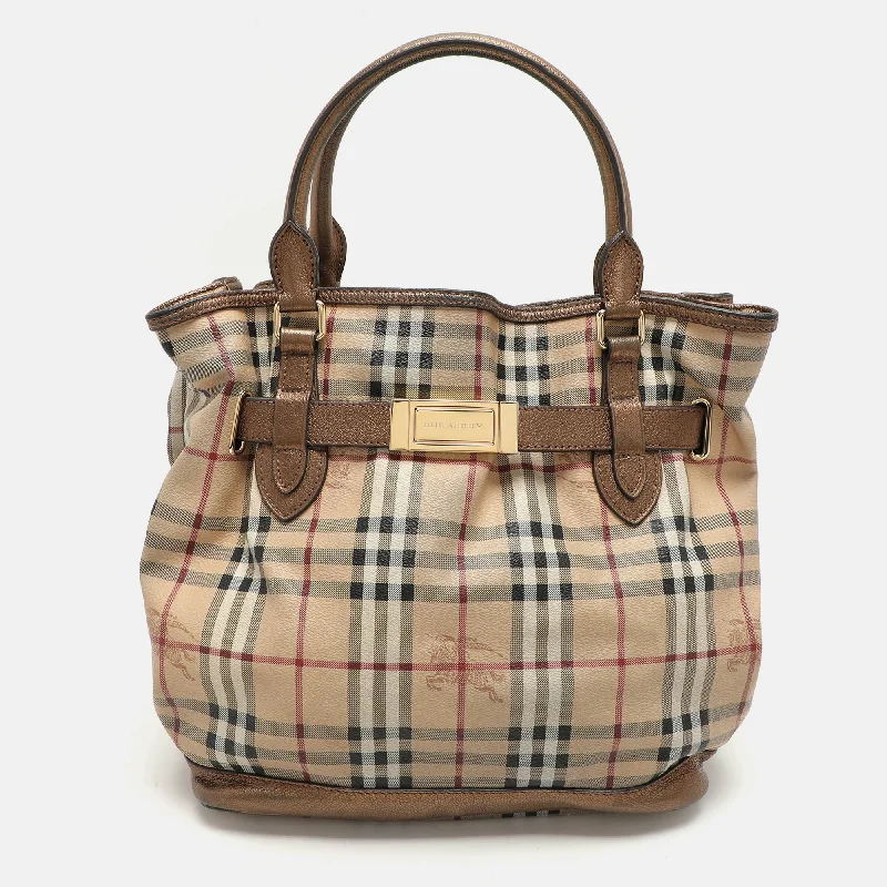 Small handle bags perfect for quick trips -Burberry Beige/brown Haymarket Check Pvc And Leather Medium Golderton Tote