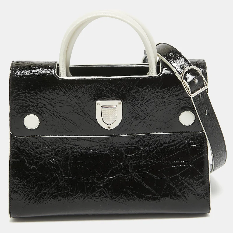 Handle bags with suede accents for texture -Dior Black/white Crinkled Patent Leather Medium Diorever Top Handle Bag