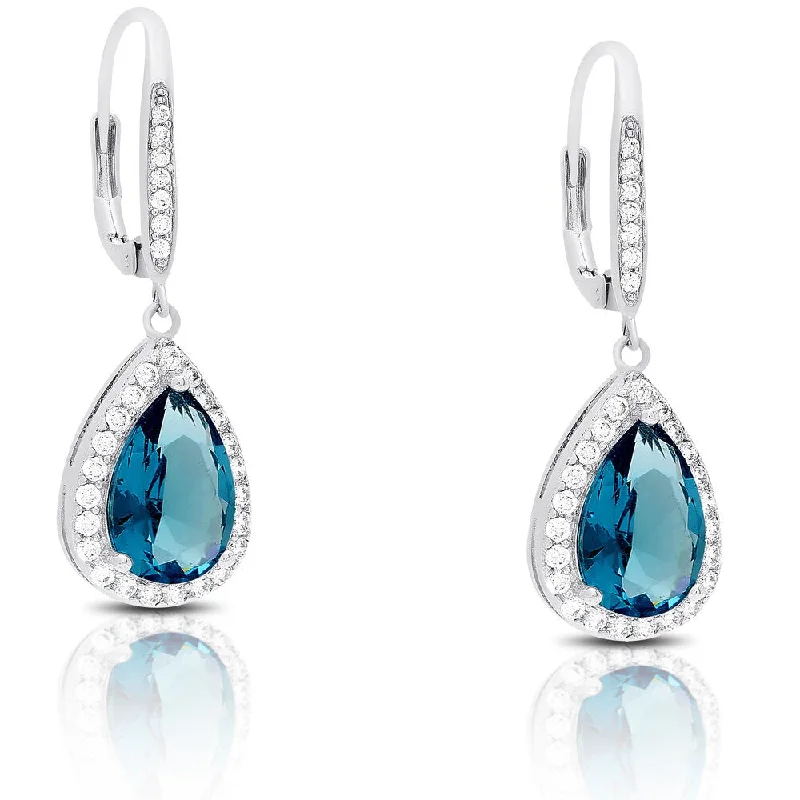 Screw Back Drop Earrings for Security -Dolce Giavonna Silver Overlay Cubic Zirconia and Simulated London Blue Topaz Teardrop Earrings