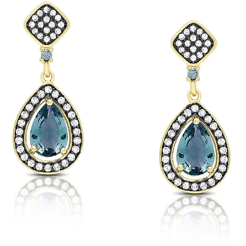 Drop Earrings for Prom Night -Samantha Stone Gold Over Sterling Silver Cubic Zirconia and Simulated London Blue Topaz Teardrop Earrings