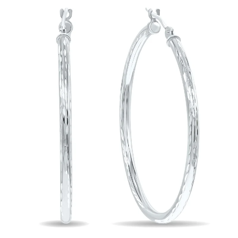 Diamond Drop Earrings for Luxury -14K White Gold Shiny Diamond Cut Engraved Hoop Earrings 35Mm