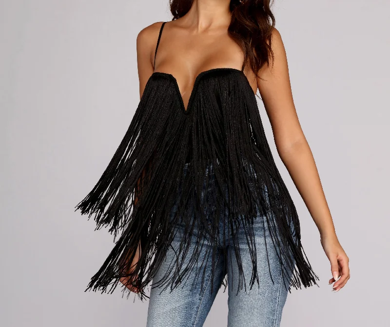 Simple tight top for women with plain design and figure-hugging fit-Flow With The Fringe Bodysuit