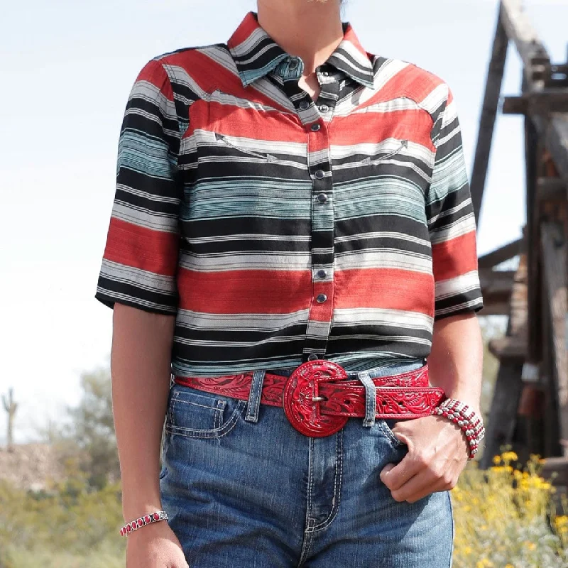 Screw Back Blouses for Security -Cruel Women's Serape Stripe Western Snap Shirt in Multi