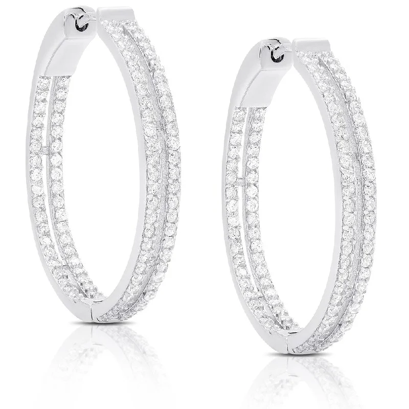 Drop Earrings for Casual Outfit -Dolce Giavonna Sterling Silver Cubic Zirconia Two Row Hoop Earrings