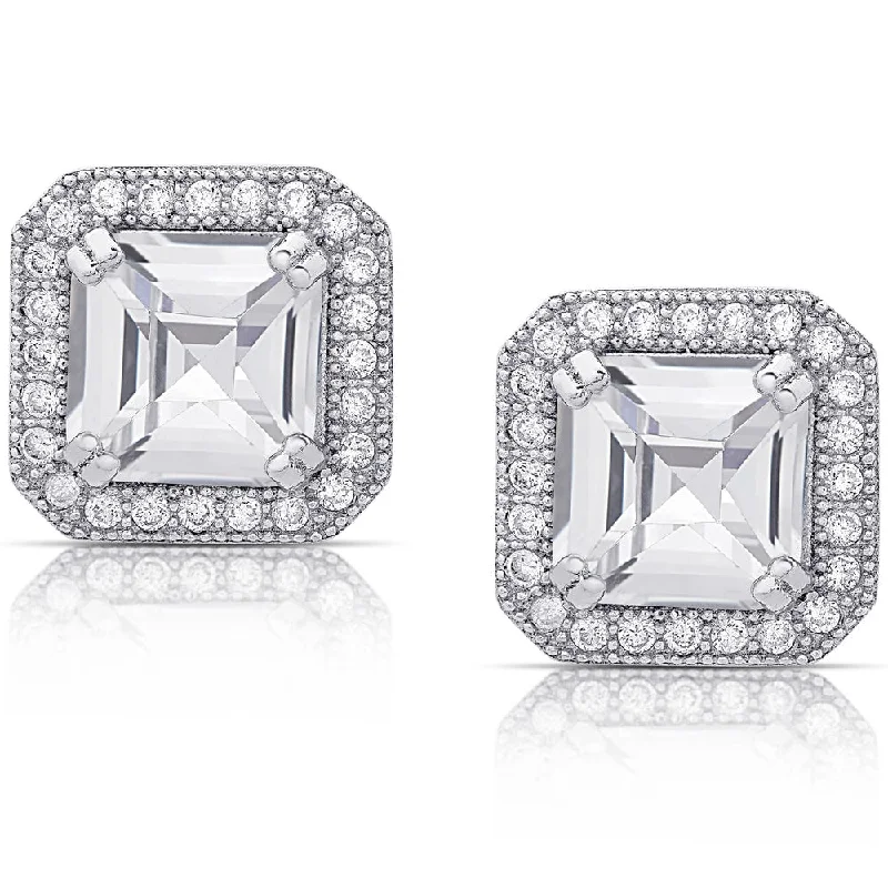 Diamond Drop Earrings for Luxury -Dolce Giavonna Sterling Silver Cubic Zirconia Square Halo Design Earrings