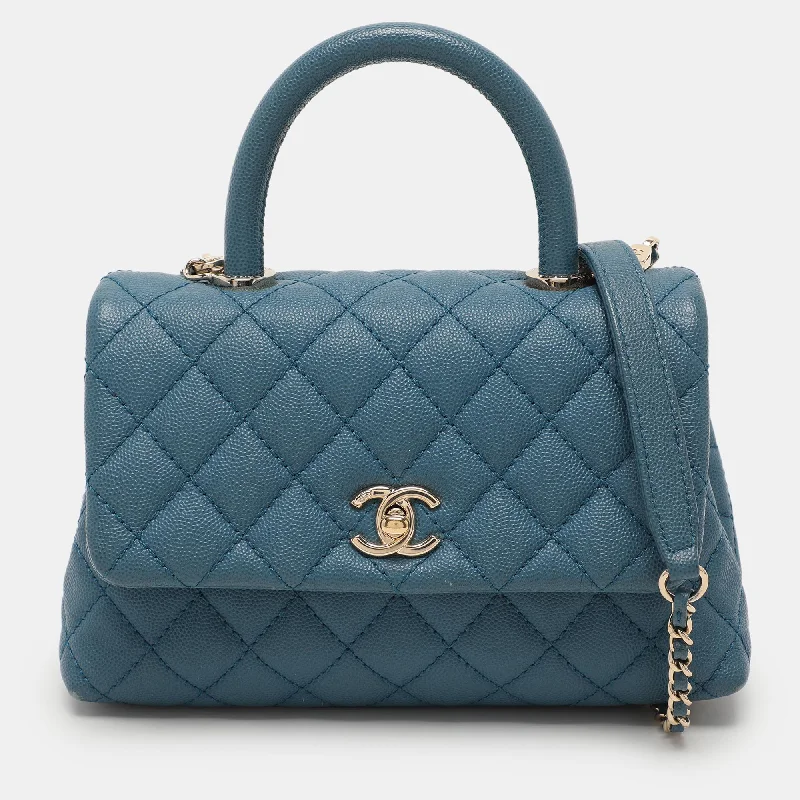 Handle bags with zipper tops for security -Chanel Blue Quilted Caviar Leather Mini Coco Top Handle Bag