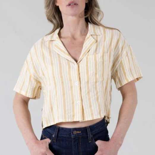 Travel Blouses for On the Go -Kimes Ranch Women's S/S Ferris Camp Shirt in Yellow Ocre