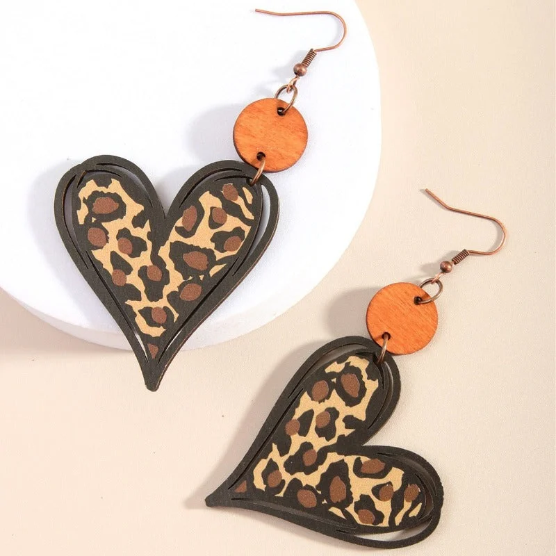 Ethnic Drop Earrings with Tribal Design -Wholesale European and American Hollow Leopard Print Wooden Heart-shaped Round Wooden Pieces Women's Earrings