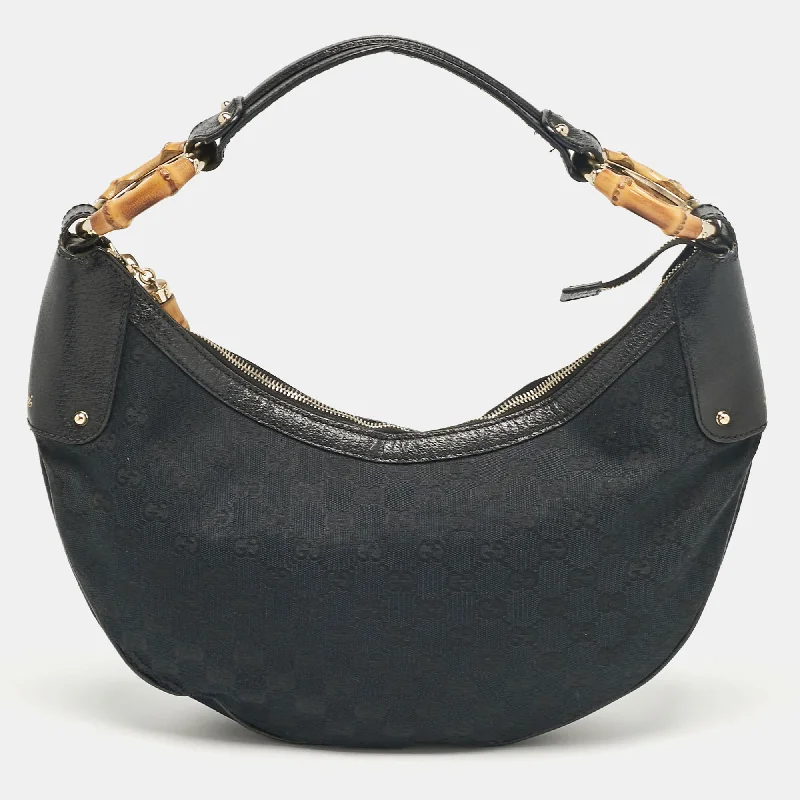 Handle bags with bohemian tassel embellishments -Gucci Black Gg Canvas And Leather Bamboo Ring Hobo